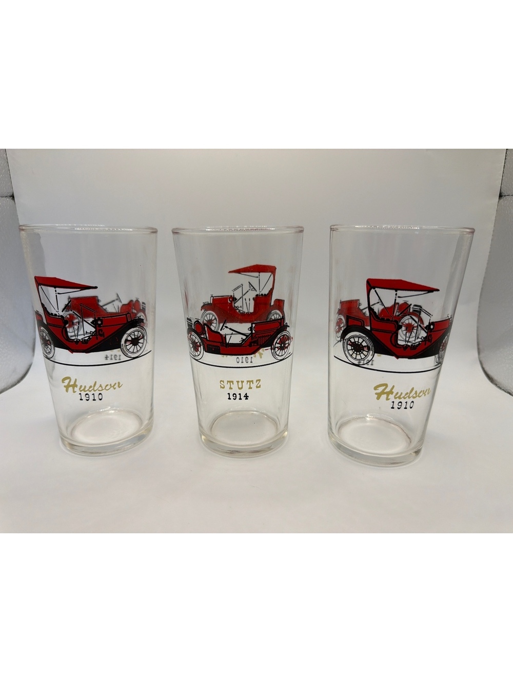 Vintage 1910 Hudson and 1914 Stutz Classic Car Glasses Set of 3
